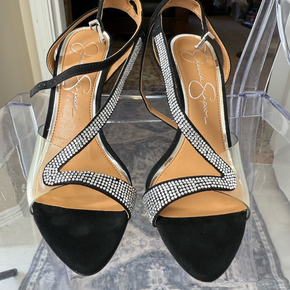 Jessica Simpson Black and Silver Strappy Heels one crystal missing - Picture 2 of 11